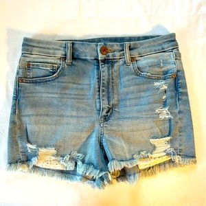 American Eagle super stretch, distressed denim jean shorts, size 8, trendy